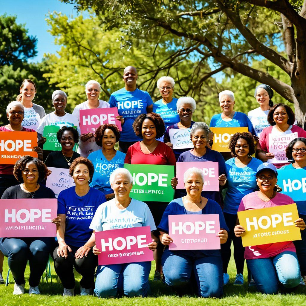 A diverse group of cancer survivors and advocates gathered in a sunny park, sharing their stories and strength. They are holding colorful signs with inspirational quotes about hope and resilience. The background shows a supportive community with lush trees and a blue sky, symbolizing unity and encouragement. Include elements like ribbons of different colors representing various types of cancer. super-realistic. vibrant colors.