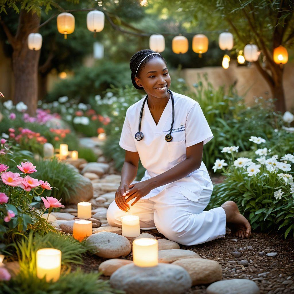 A compassionate nurse guiding a diverse group of patients through a serene healing garden, surrounded by blooming flowers and wellness symbols like lanterns and stones. Soft sunlight filters through, casting a warm glow, symbolizing hope and empowerment. Patients of varying ages and backgrounds engage in supportive conversation, showcasing the essence of community and care. super-realistic. vibrant colors. outdoor setting.